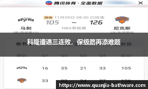 科隆遭遇三连败，保级路再添难题